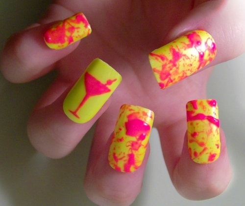 Yellow And Pink Color Splatter Nail Art