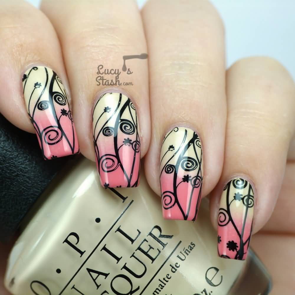 Yellow And Pink Gradient Swirls Design Nail Art