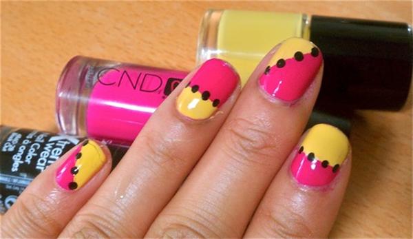 Yellow And Pink Nails With Black Caviar Beads Design Nail Art