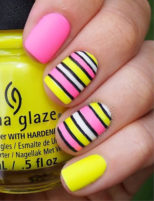Yellow And Pink Stripes Design Nail Art