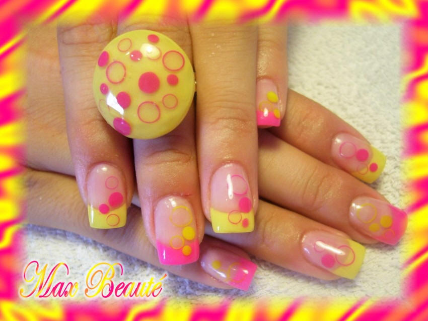 Yellow And Pink Tip With Polka Dots Nail Art