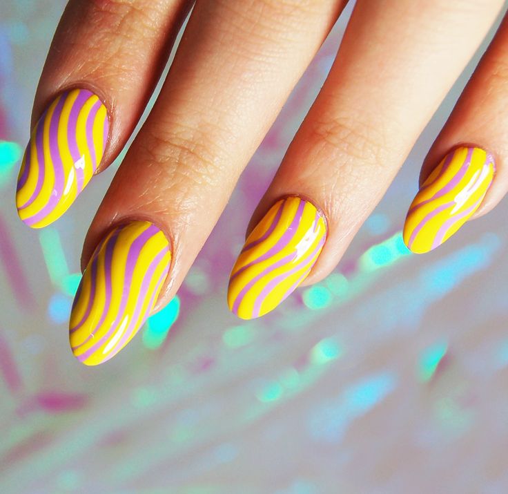 Yellow And Purple Rays Stripes Design Nail Art