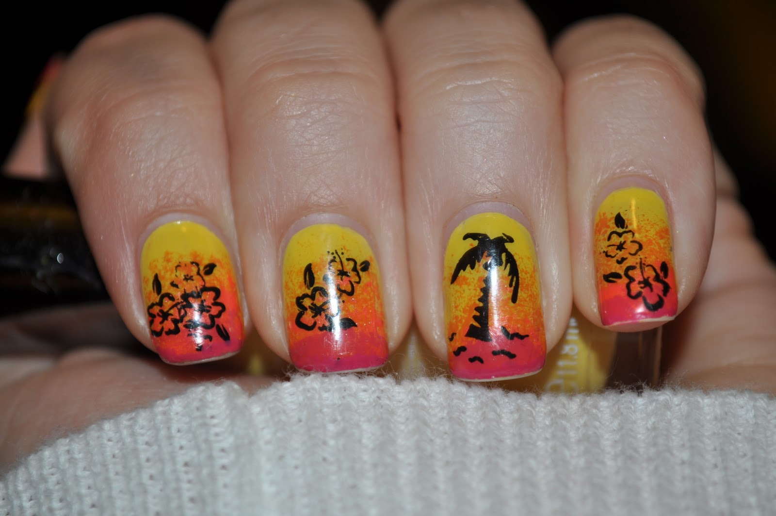 Yellow And Red Nails With Palm Tree And Flowers Nail