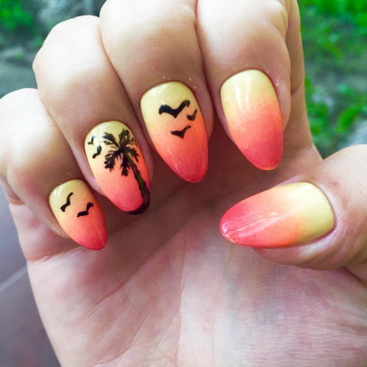 Yellow And Red Sunset View Gradient Nail Art With Palm Tree And Flying Birds