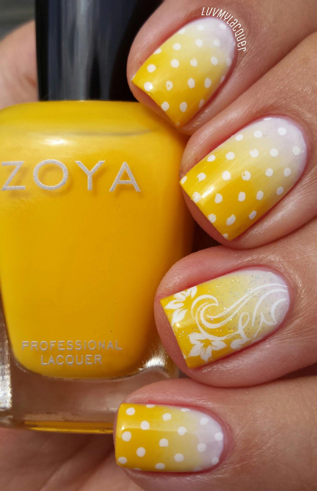 Yellow And White Gradient With Dots And Flowers Stamping Nail Art