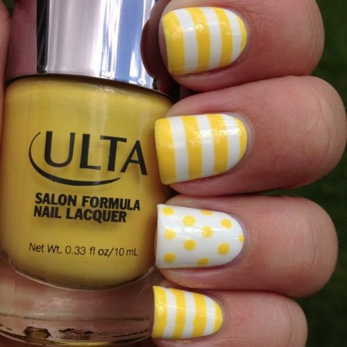 Yellow And White Stripes And Dots Design Nail Art
