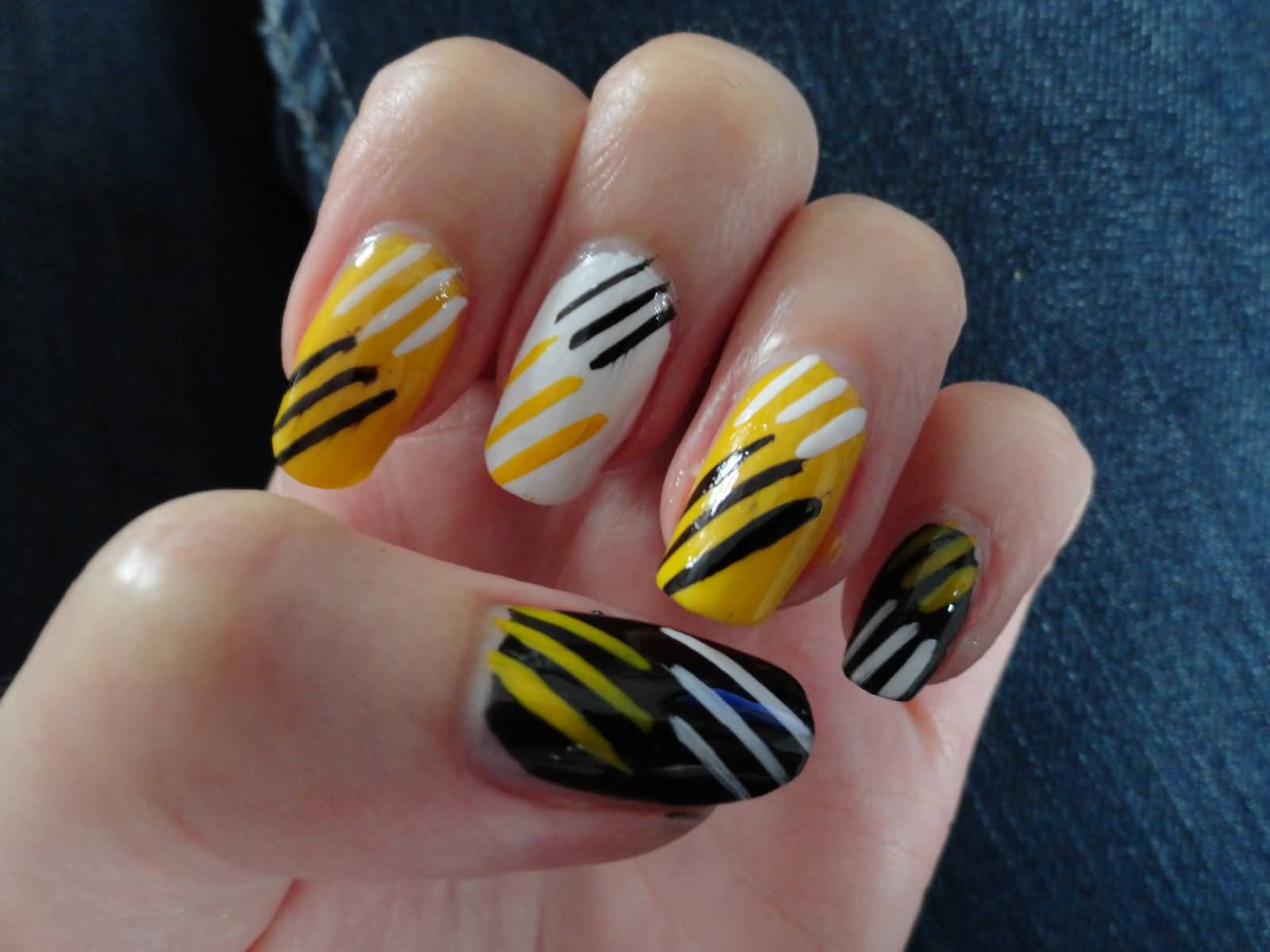 Yellow Black And White Stripes Design Nail Art