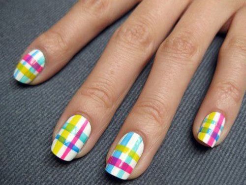 Yellow Blue And Pink Plaids Design Nail Art Idea