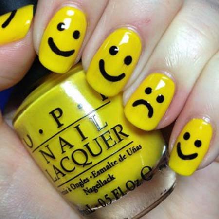 Yellow Cute Emoticon Faces Nail Art Design