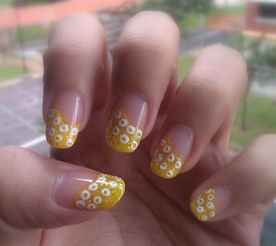 Yellow Diagonal Tip Nails With White Bubbles Design