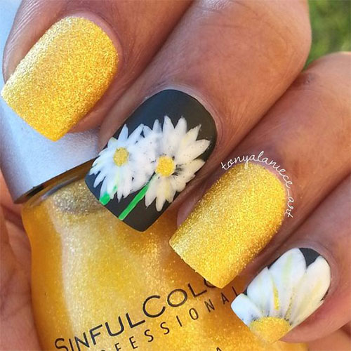 Yellow Glitter And White Flowers Nail Art