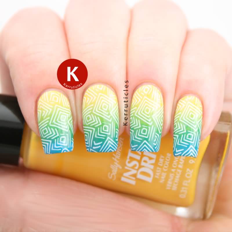 Yellow Green And Blue Gradient Nails With Geometric Stamping Design Nail Art