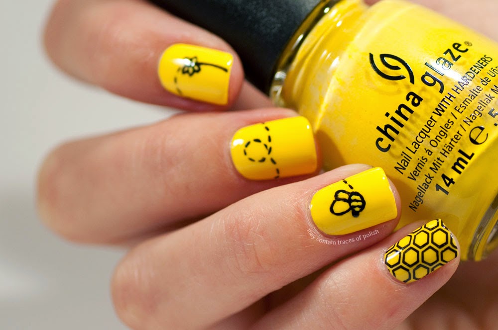 Yellow Nails And Flying Bee Nail Art