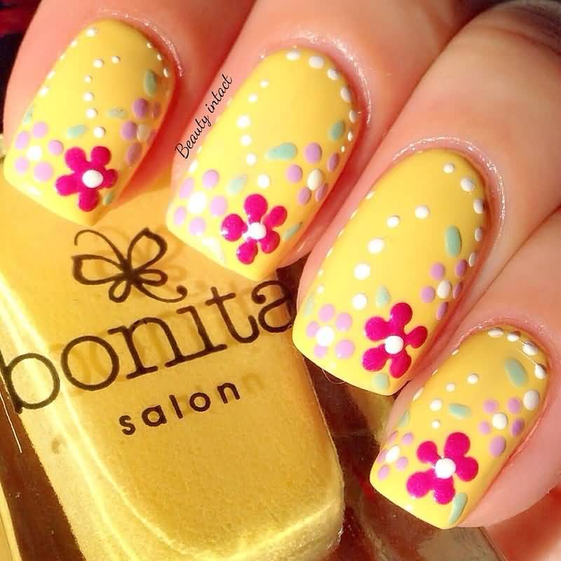 Yellow Nails With Acrylic Flowers Design Idea
