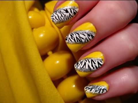 Yellow Nails With Black And White Zebra Print Nail Art Tutorial Video
