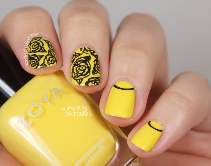 Yellow Nails With Black Flower Nail Art
