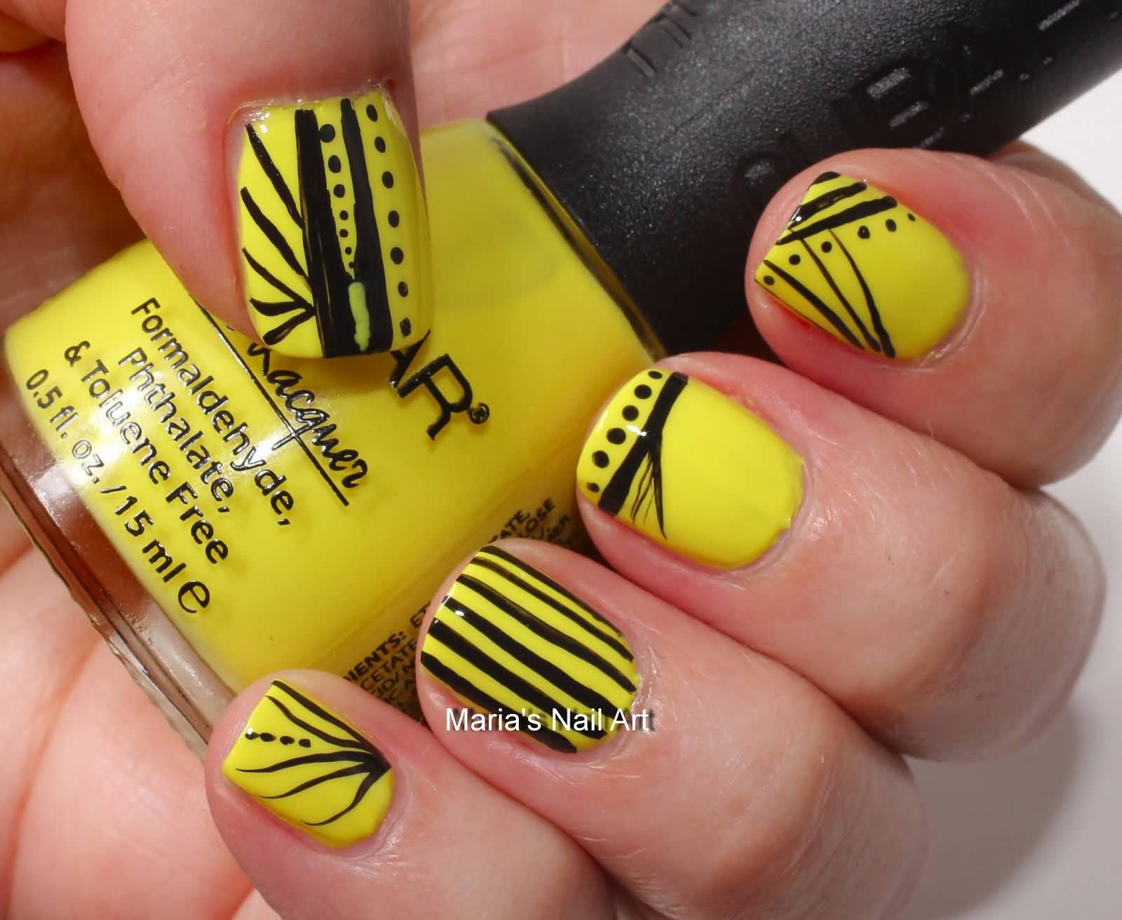 Yellow Nails With Black Stripes Design Nail Art