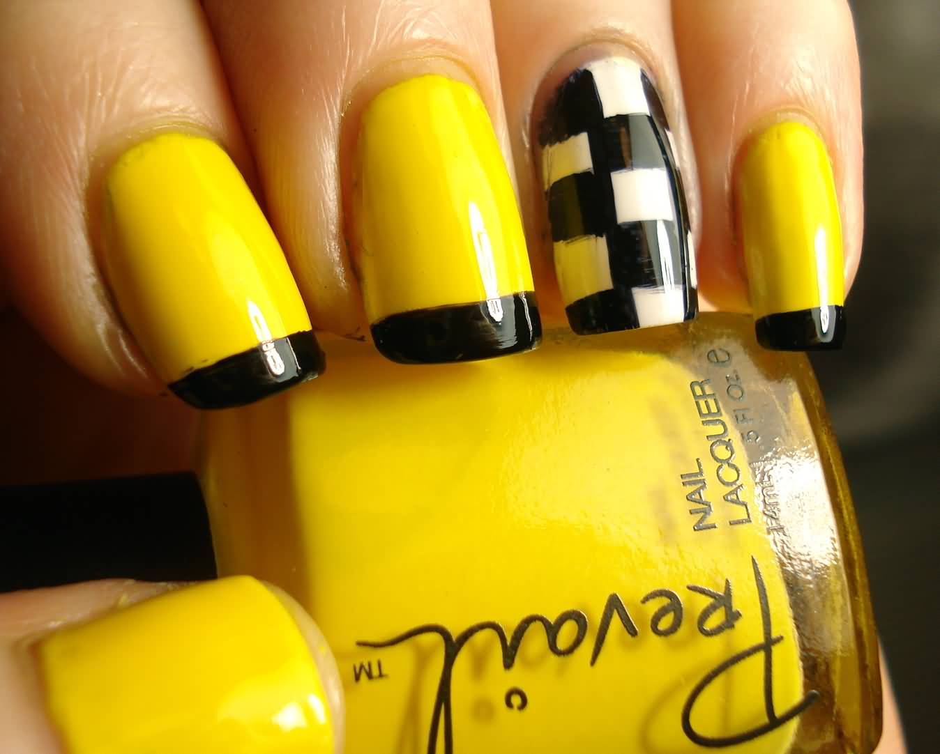 Yellow Nails With Black Tip And Check Design