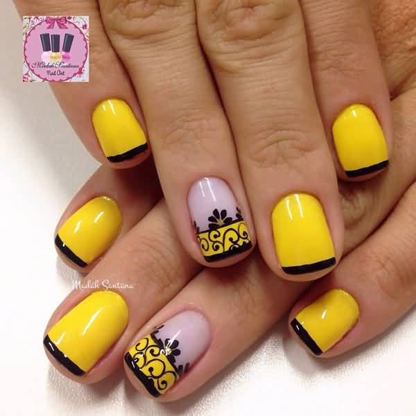 Yellow Nails With Black Tip And Lace Design Nail Art