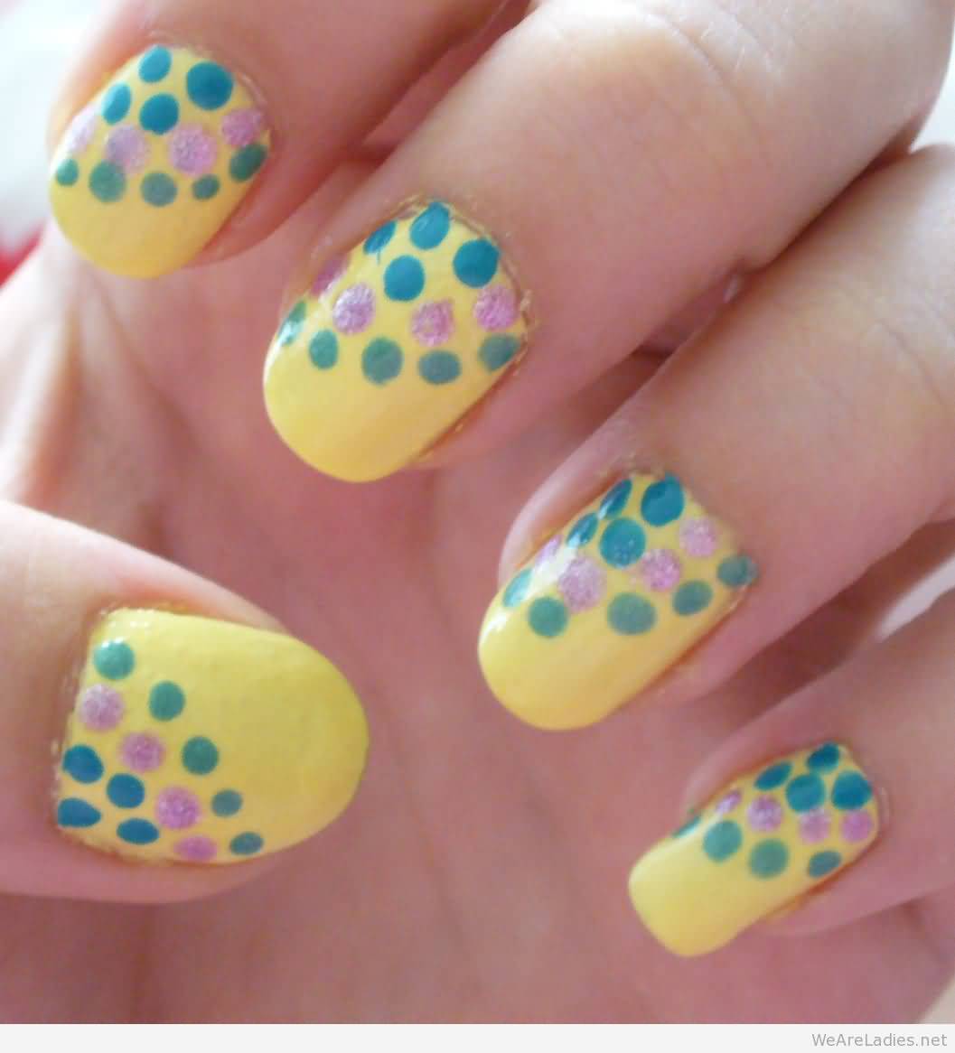 Yellow Nails With Blue And Purple Polka Dots Nail Art