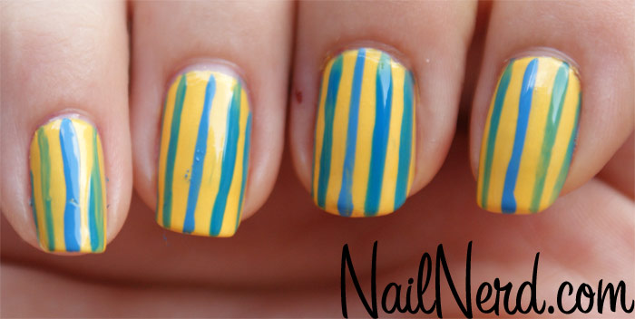 Yellow Nails With Blue Stripes Design Nail Art