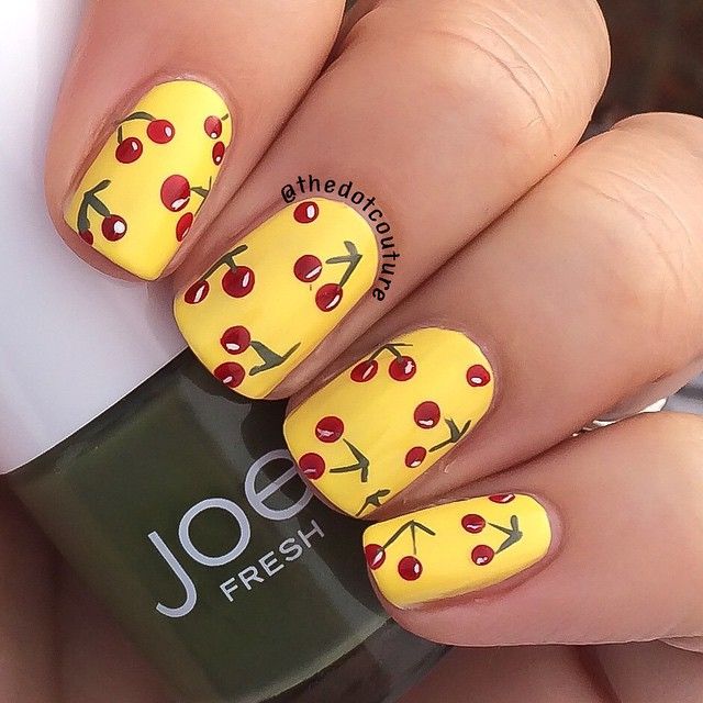 Yellow Nails With Cherry Design Nail Art Design