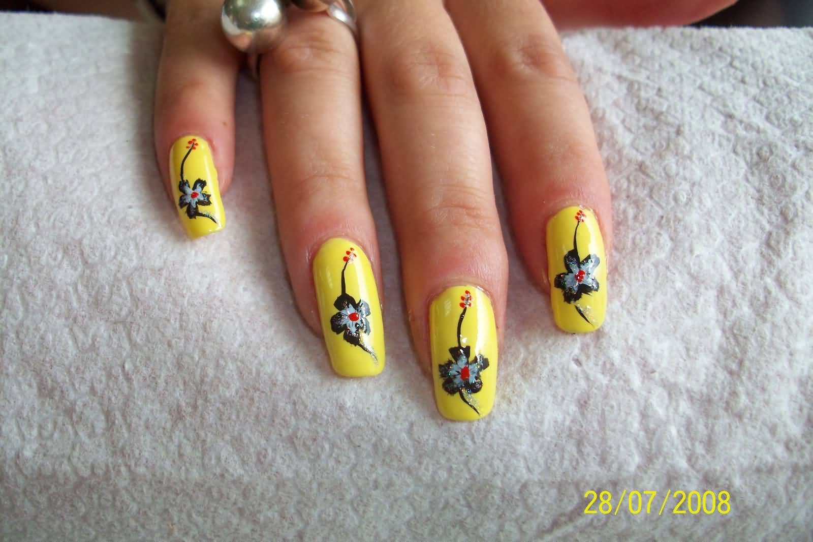 Yellow Nails With Flowers Design Nial Art