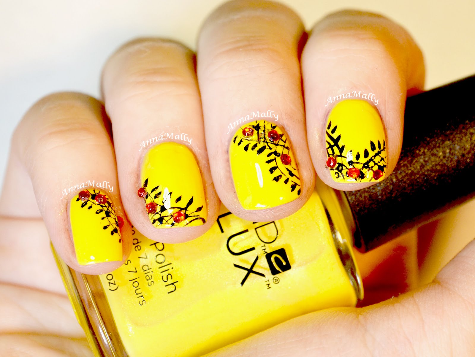 Yellow Nails With Flowers Rhinestones Design With Video Tutorial