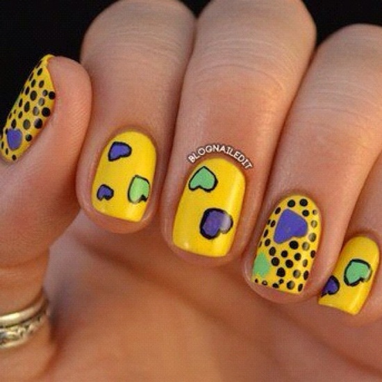 Yellow Nails With Green And Purple Nail Art