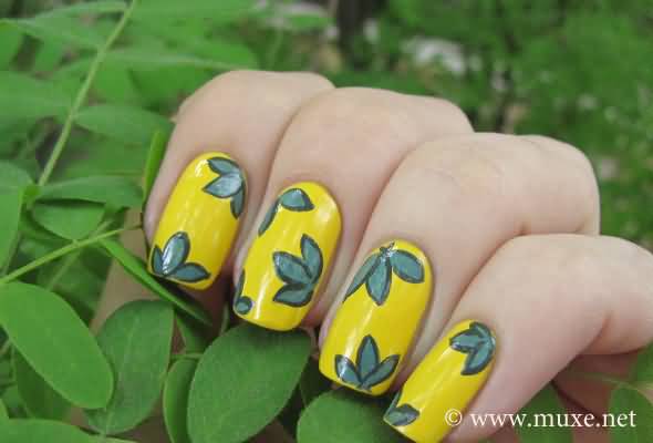 Yellow Nails With Green Leaves