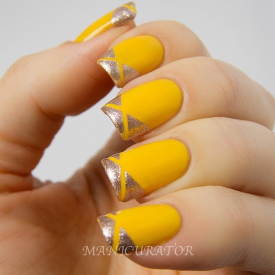 Yellow Nails With Metallic Tip Design Nail Art