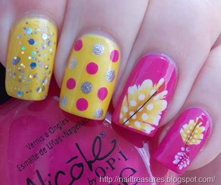 Yellow Nails With Pink And Silver Polka Dots Nail Art