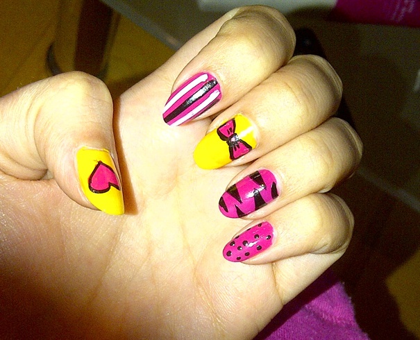 Yellow Nails With Pink Bow And Heart Design Nail Art