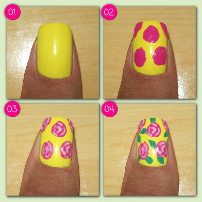 Yellow Nails With Pink Floral Design Nail Art