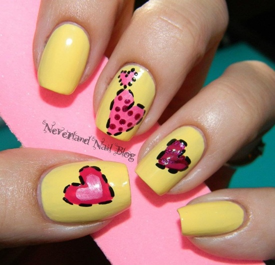 Yellow Nails With Pink Hearts Design Nail Art