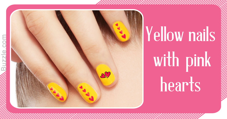 Yellow Nails With Pink Hearts Nail Art