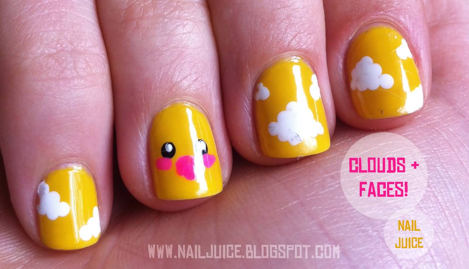 Yellow Nails With White Clouds Design Nail Art