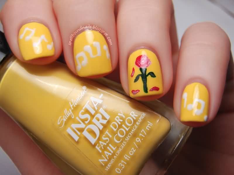 Yellow Nails With White Music Notes And Flower Design Nail Art