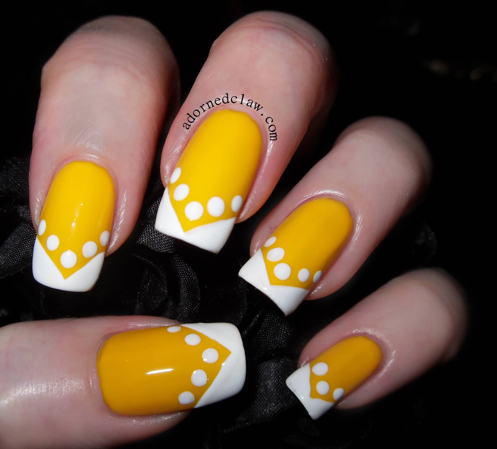 Yellow Nails With White Polka Dots And Chevron Tip Design Nail Art