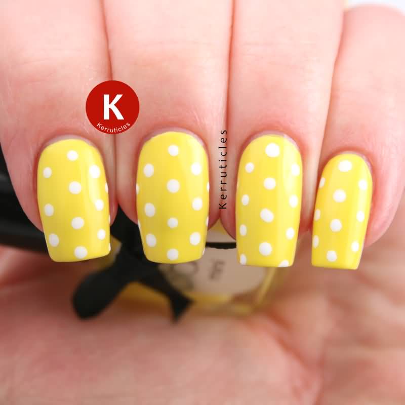 Yellow Nails With White Polka Dots Design Nail Art