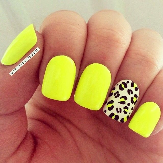 Yellow Neon Accent Leopard Print Nail Art