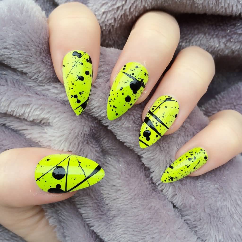 Yellow Neon Nails With Black Color Splatter Nail Art