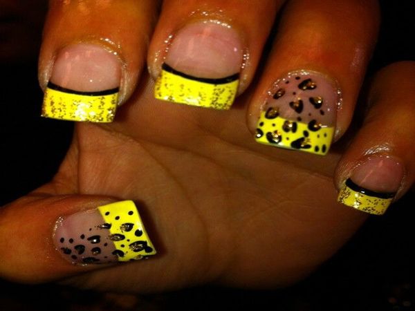 Yellow Neon Tip And Leopard Print Nail Art
