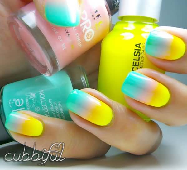 Yellow Pink And Blue Gradient Nail Art