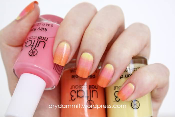 Yellow Pink And Orange Gradient Nail Art