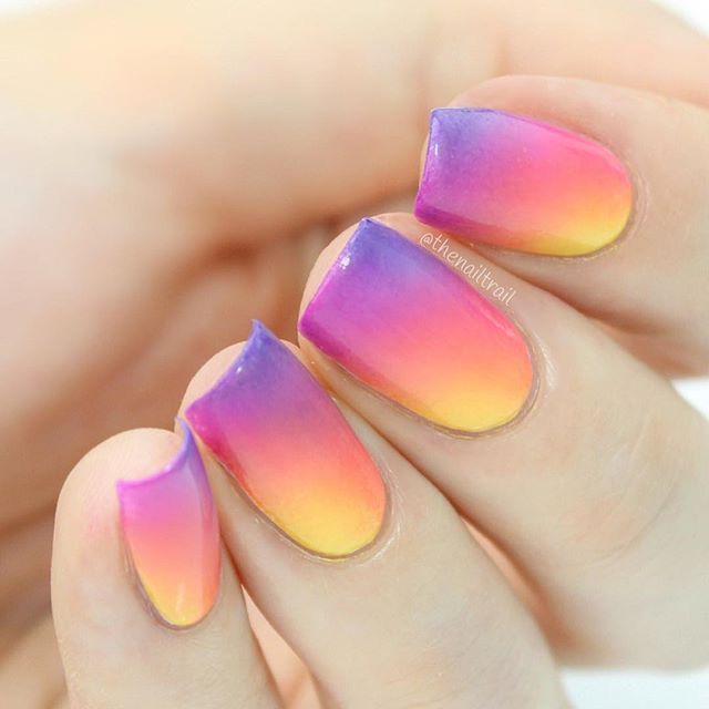 Yellow Pink And Purple Gradient Nail Art