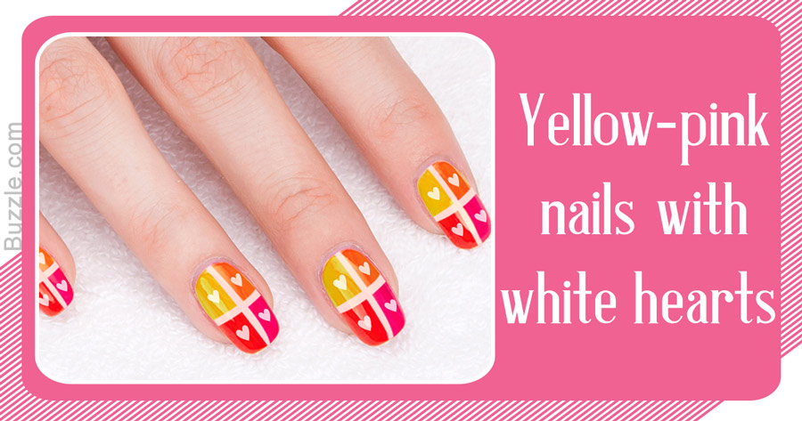 Yellow Pink Nails With White Hearts Design Idea