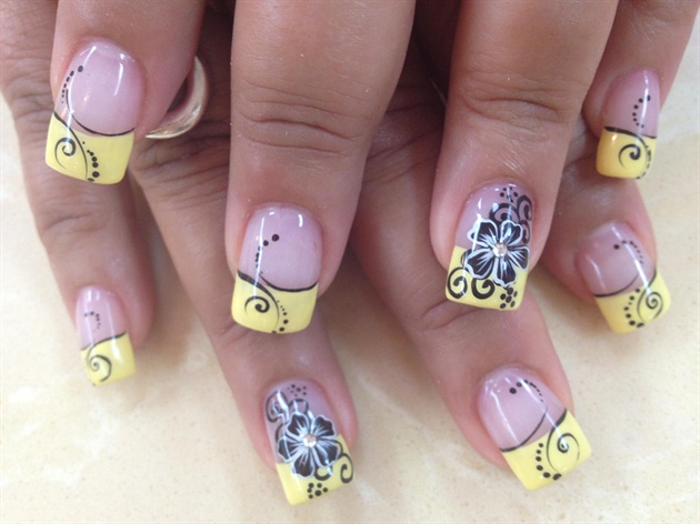 Yellow Tips And Black Flower Nail Art