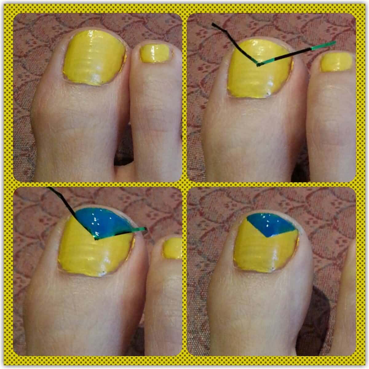 Yellow Toe Nails With Blue Chevron Tip Design Nail Art