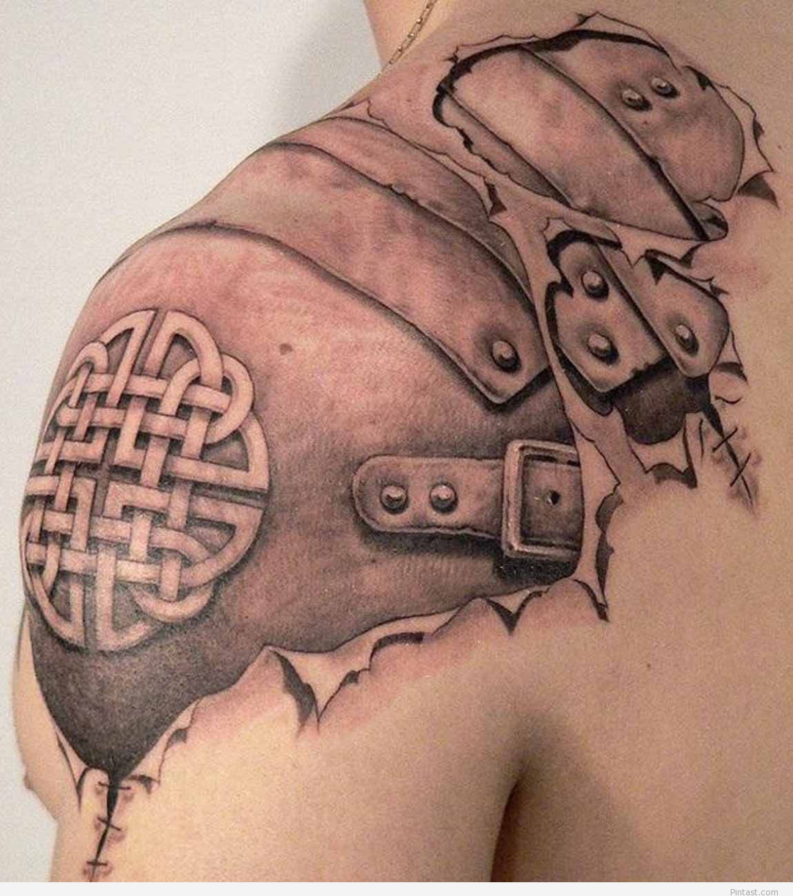 3D Celtic Scottish Armor Tattoo On Upper Shoulder